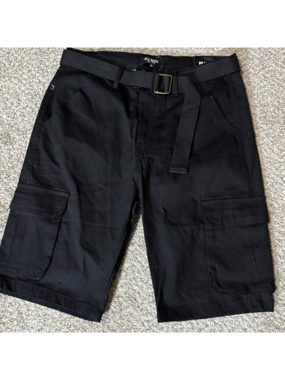BLU ROCK NEW YORK Cargo Shorts Men's Size 32 Black Cotton Blend Stretch Belted